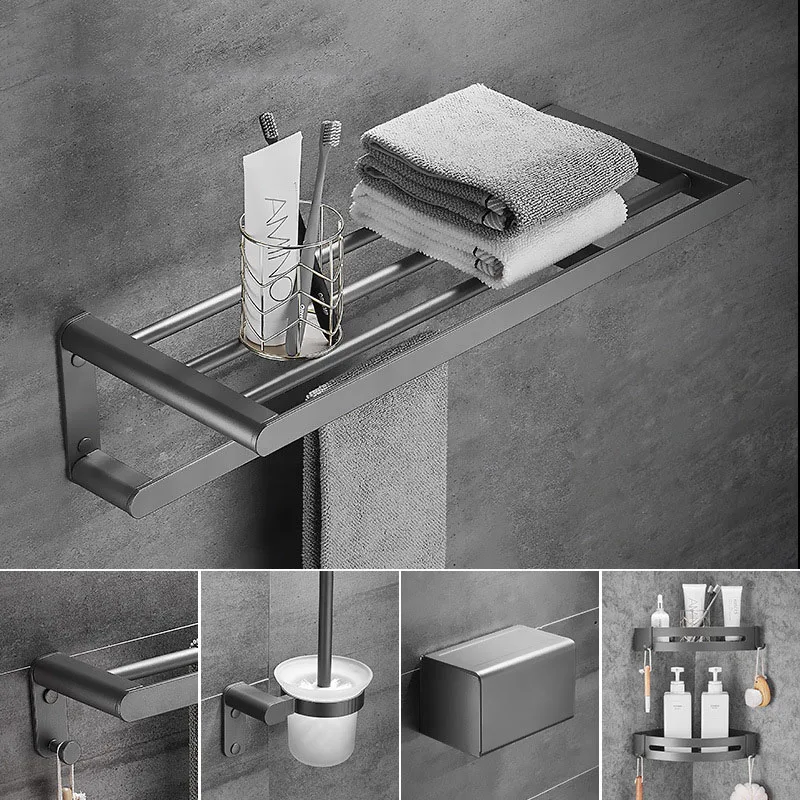Gun Gray Aluminum Bathroom Towel Holder Wall-mounted Bathroom Set Towel Bar Paper Towel Holder Toilet Brush Holder Bath Hardware