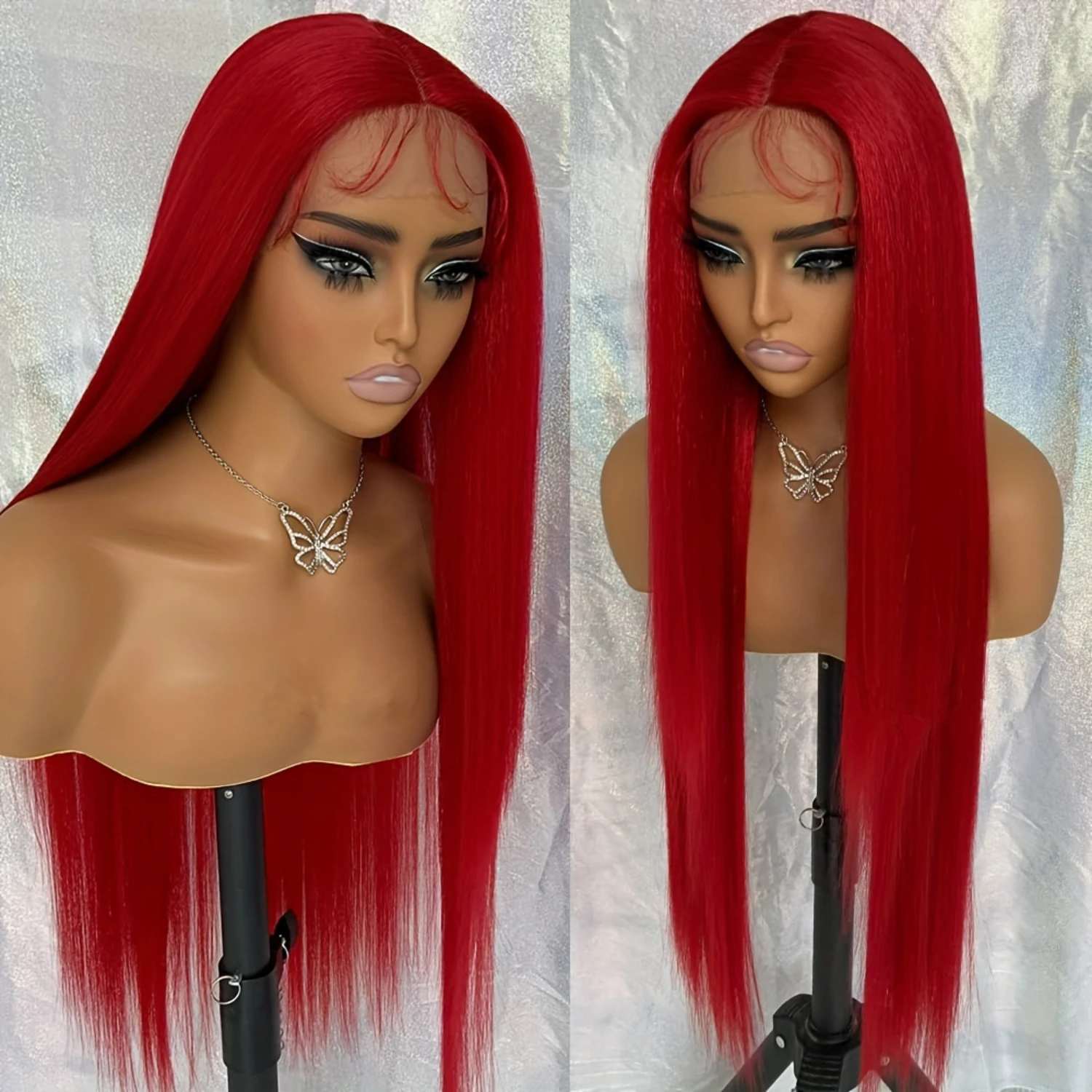 

Perfect for parties, concerts, makeup, and daily wear, this stunning long straight synthetic lace front wig in a vibrant red col