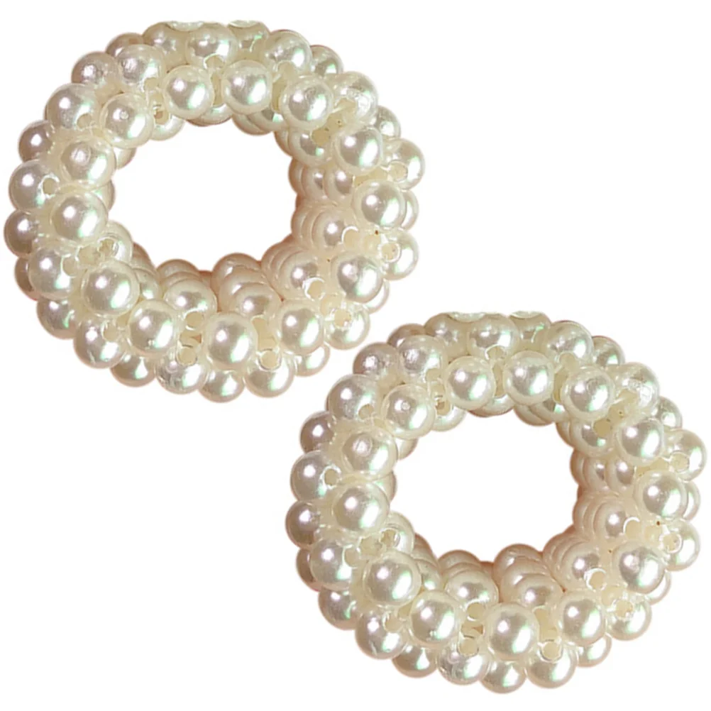 2 Pcs Pearl Hair Band Bracelets Beaded Ribbons Girl Tie Ring Rope Ponytail Holder Headgear Women's