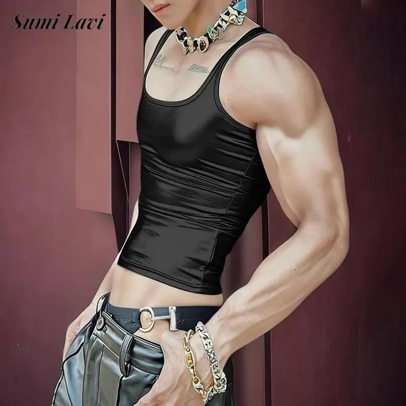 Trendy Mens Stretchy Slim Crop Tank Tops Spring Summer Sexy Sleeveless Straps Vest Men Party Fashion Shiny Solid Color Camisoles