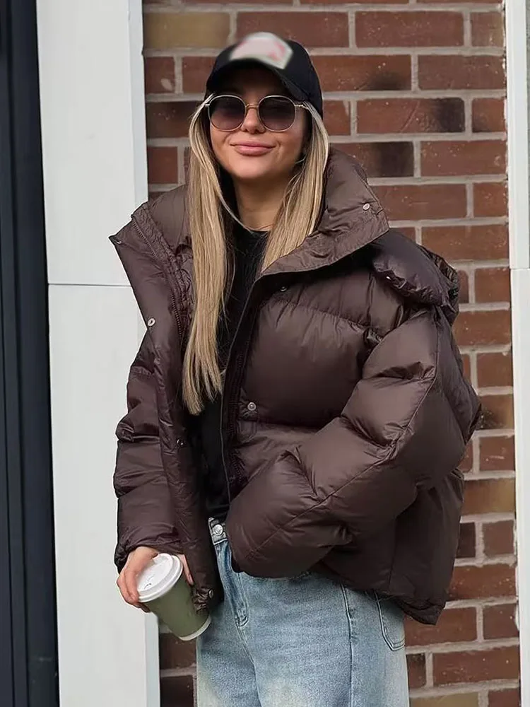 HH, nueva moda para mujer, abrigos sueltos de manga larga, cuello alto sólido, botones con capucha, cremallera, chaquetas cálidas informales de invierno para mujer, 2 colores