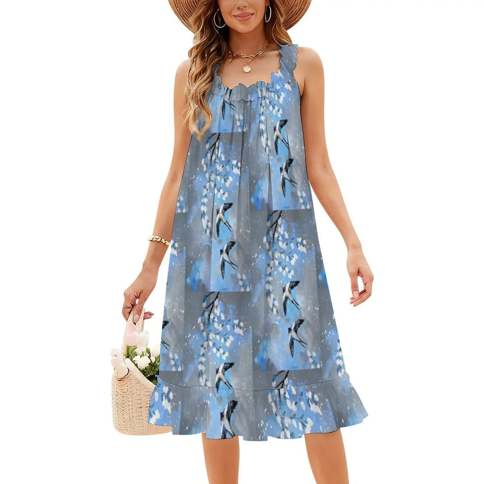 Swallows On Blue And Gray Women's Elegant Party Dress A-Line Dress With Short/Long/Sleeveless Options Swallows Bluebirds Blue