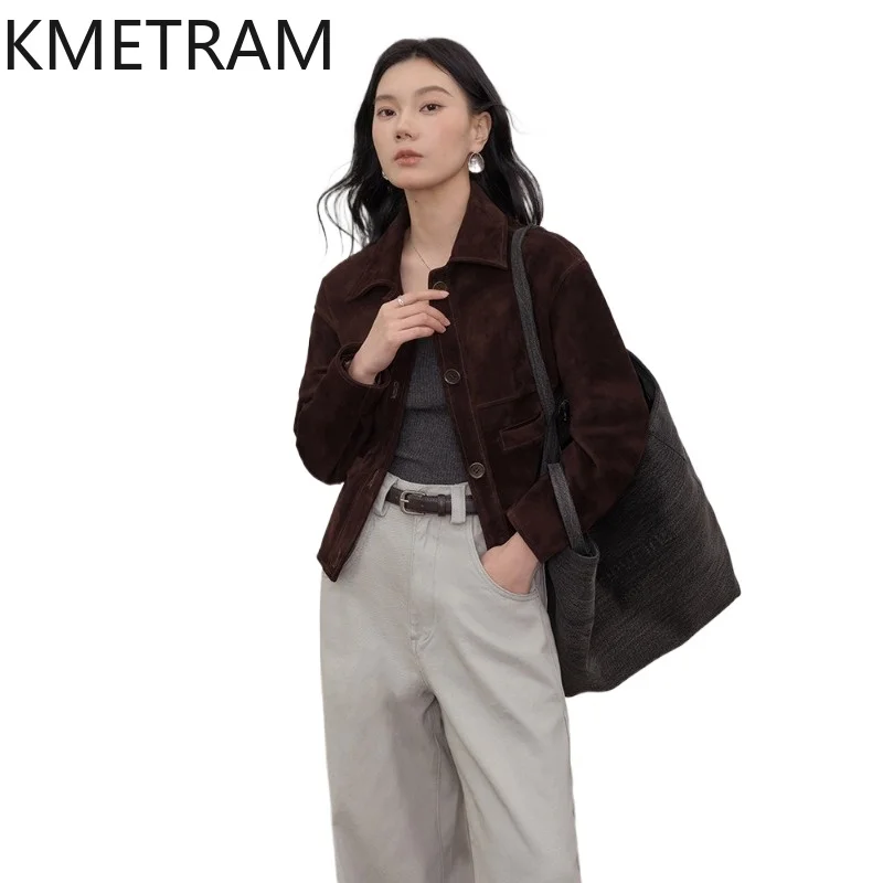 Куртка из натуральной овчины KMETRAM, стильная короткая замшевая куртка для женщин, новая осенняя женская одежда 2026, кожаная куртка
