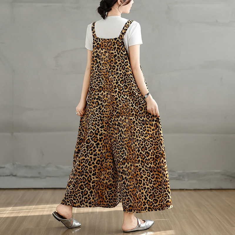 Pantalon une pièce amincissant imprimé léopard, décontracté, ample, bretelles, jambes larges, jupe, bon à porter, beau drapé