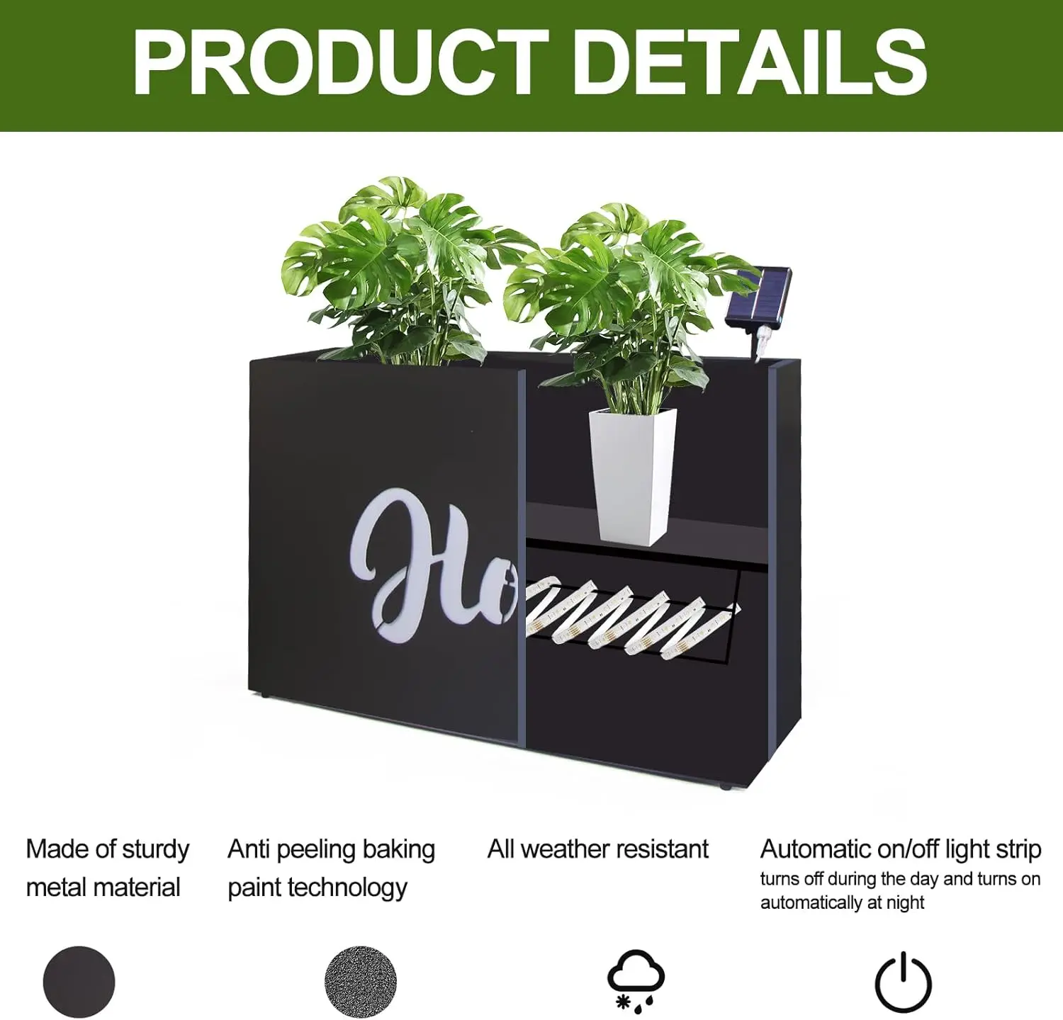 Metal Planter Box Rectangular Block - Galvanized Steel Long Planter Box with Solar Light Outdoor All-Weather Use with Drainage