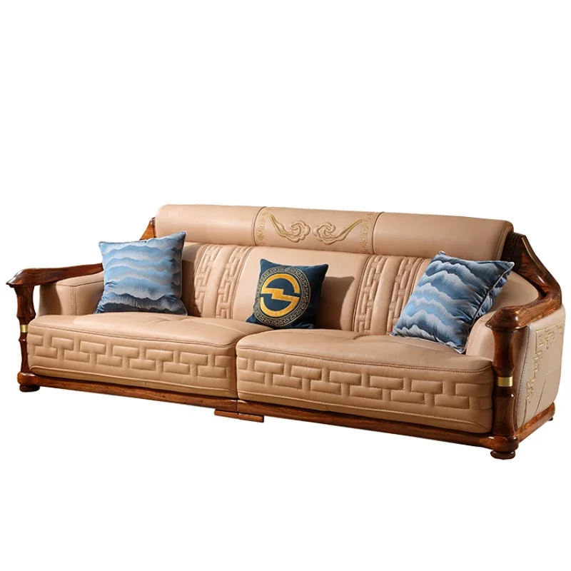 Modern new Chinese-style ebony all-solid wood leather sofa combination villa large apartment log furniture DH