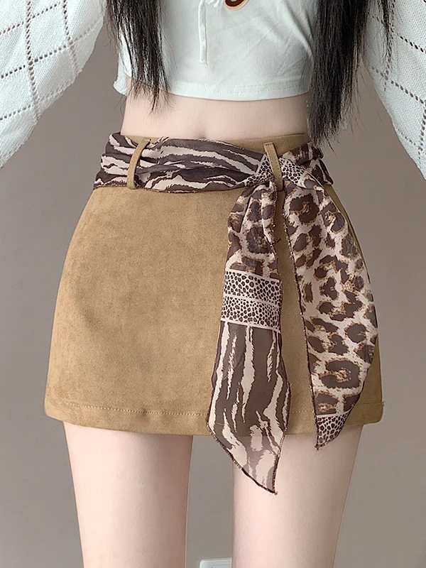 Retro Skin Velvet Halter Neck  Skirt with Silk Scarf Women's Spring Autumn Design A-Line Short Skirt Bodycon High Waist