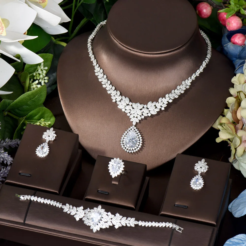 

HIBRIDE Super Luxury Water Drop Charms Jewelry Set For Women Wedding Cubic Zircon Necklace Earring Set Dress Accessories N-207