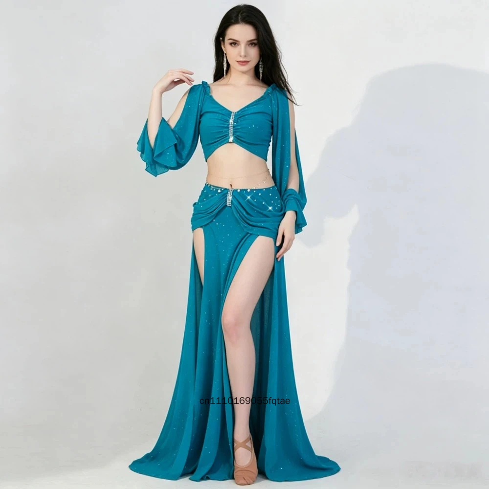 Bauchtanz-Kostüm für Damen, langärmelig, Oberteil, Rock, 2-teiliges Set, sexy orientalischer Tanz-Trainingsanzug, Bühnenauftritts-Outfit
