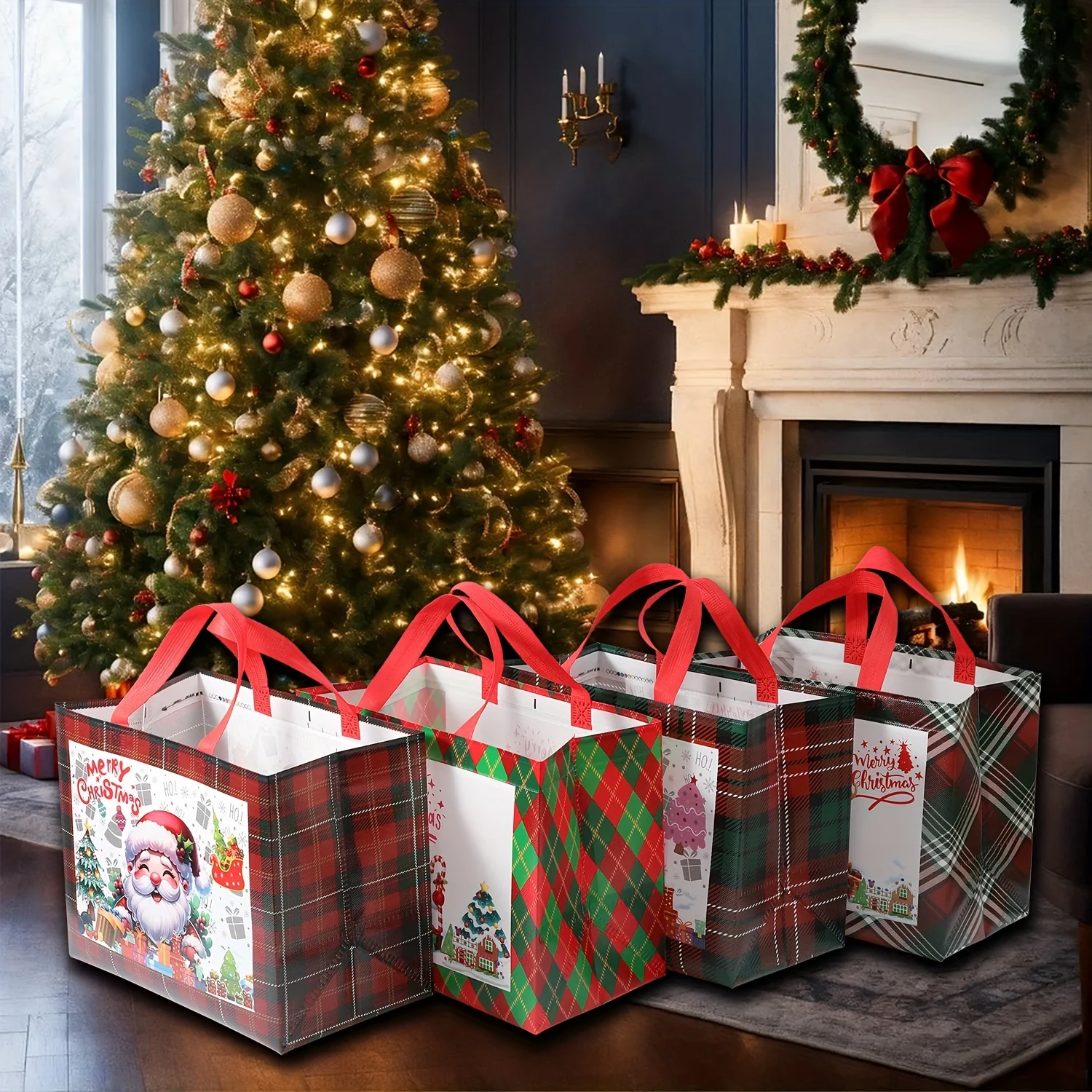 8 große, wiederverwendbare Weihnachtstaschen mit Griffen, Geschenktüten für den Weihnachtseinkauf