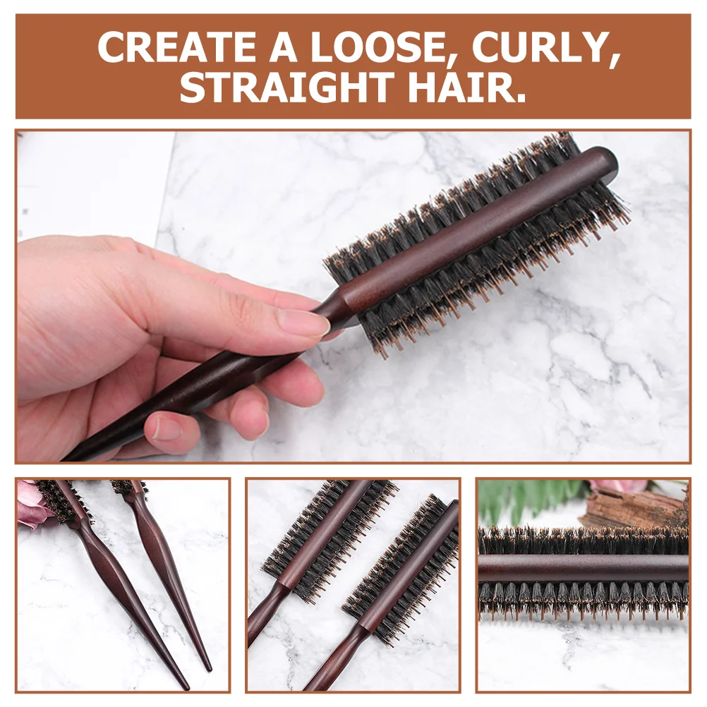 2 Pcs Combs Straighten Curl Hair Brush Dual Purpose Detangling Bristle Small Brown Round