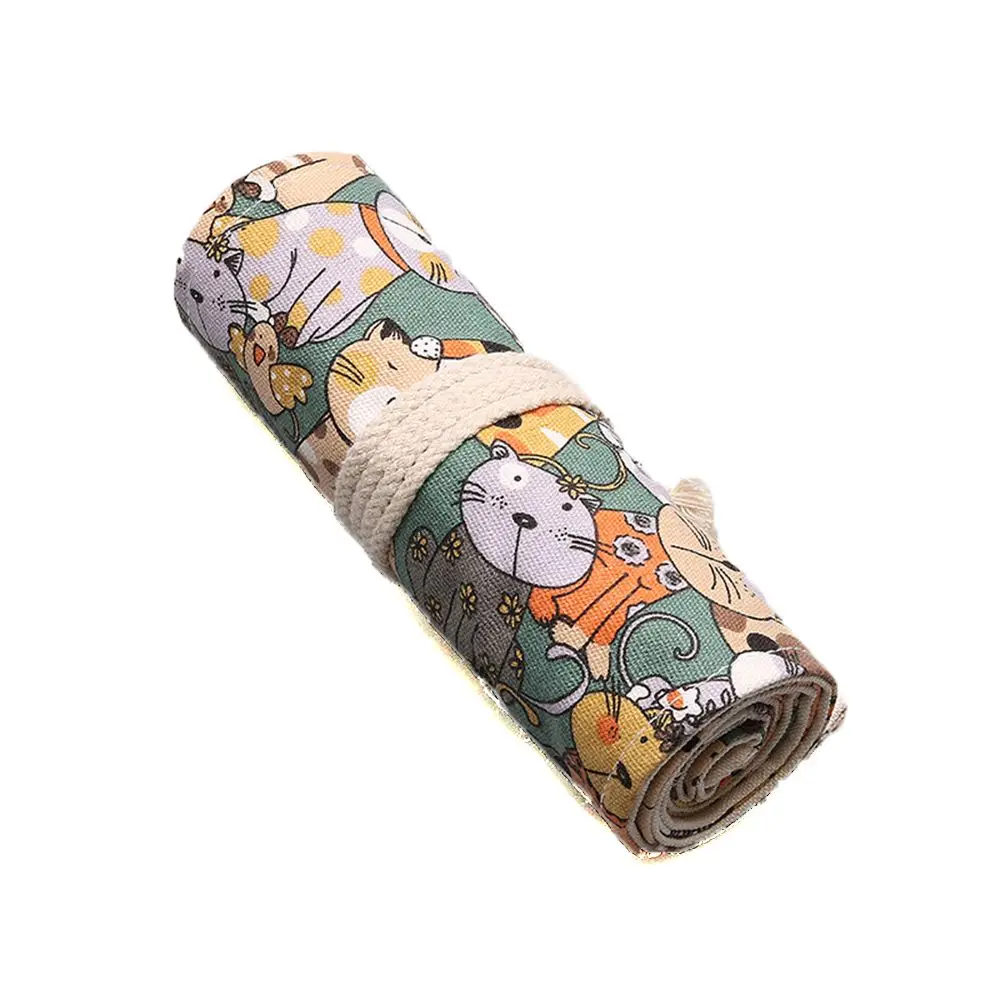 Boys Girls Cartoon Roll Cute Cat Canvas Large Capacity Stationery Pouch Pencil Case Pencil Bags Pen Bag