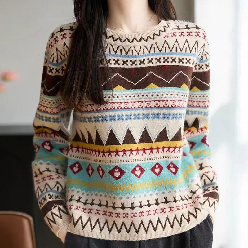 Women's Clothing Fashion All-match Thicken Knit Pullovers Autumn Winter Vintage Regular Fit O-neck Long Sleeve Sweaters Lady Top