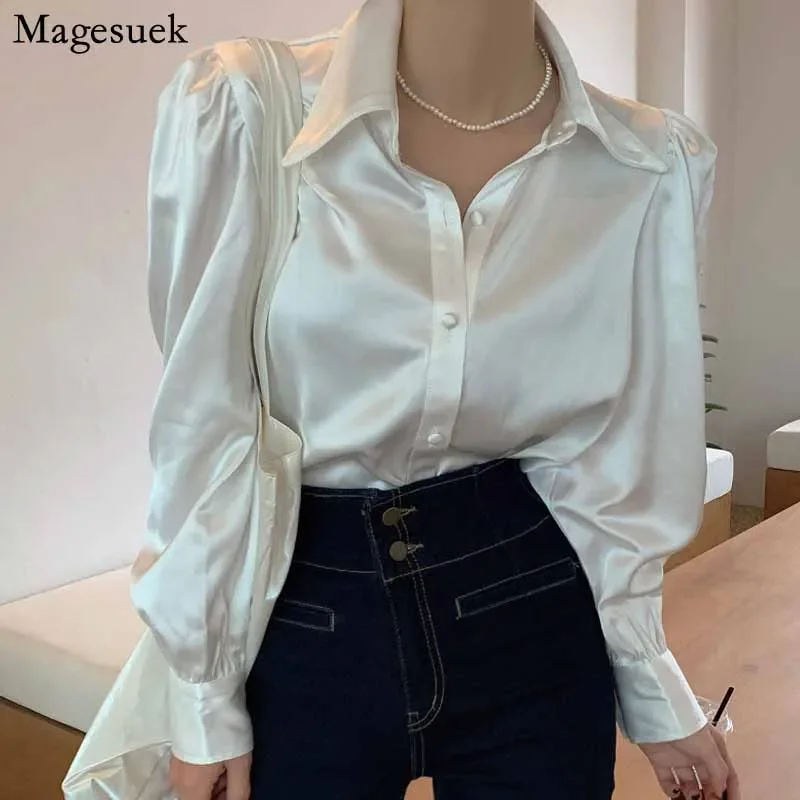 Korean Puff Sleeve Loose Satin Button Lapel Shirt  Elegant Women Shirt Tops White New Chic Women Blouse Blusas Mujer 12635