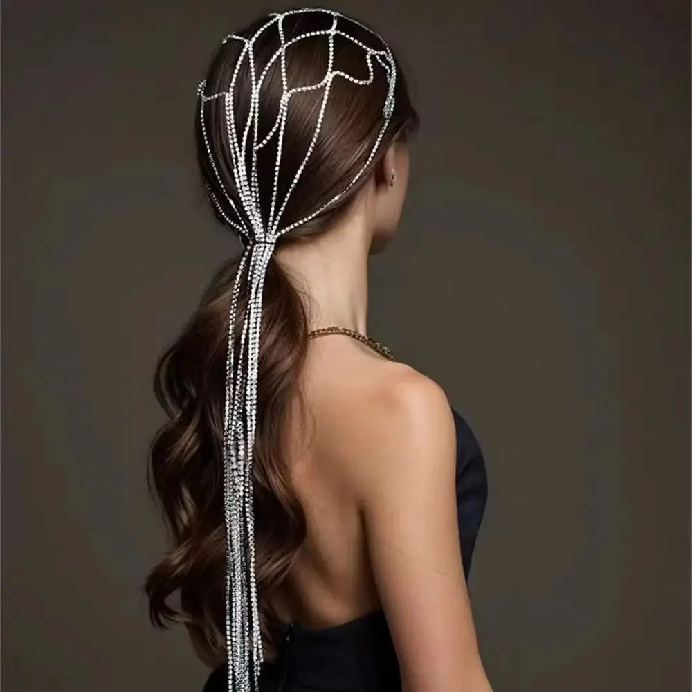 

Elegant Tassel Headdress Rhinestone Inlaid Multi Layer Mesh Headband Extended Hollow Out Bridal Headpiece Gatsby Party