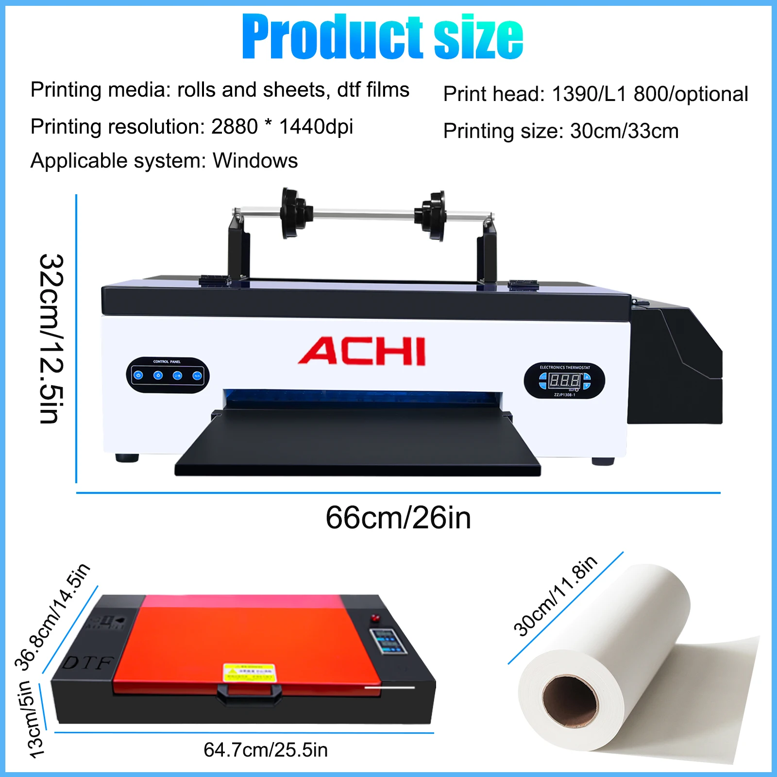 US STOCK ACHI A3 DTF Roll Printer Direct to Film For T-shirt A3 R1390 Head 500ML DTF INK+ Powder+ Oven DTF Printer US STOCK