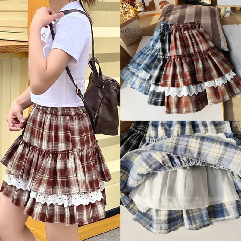 

JK Cake Dresses Y2K Lolita Summer Grid Dopamine Ruffled Pleated Fluffy Elastic Waist Student A-line High Waist Skirt Dresses New