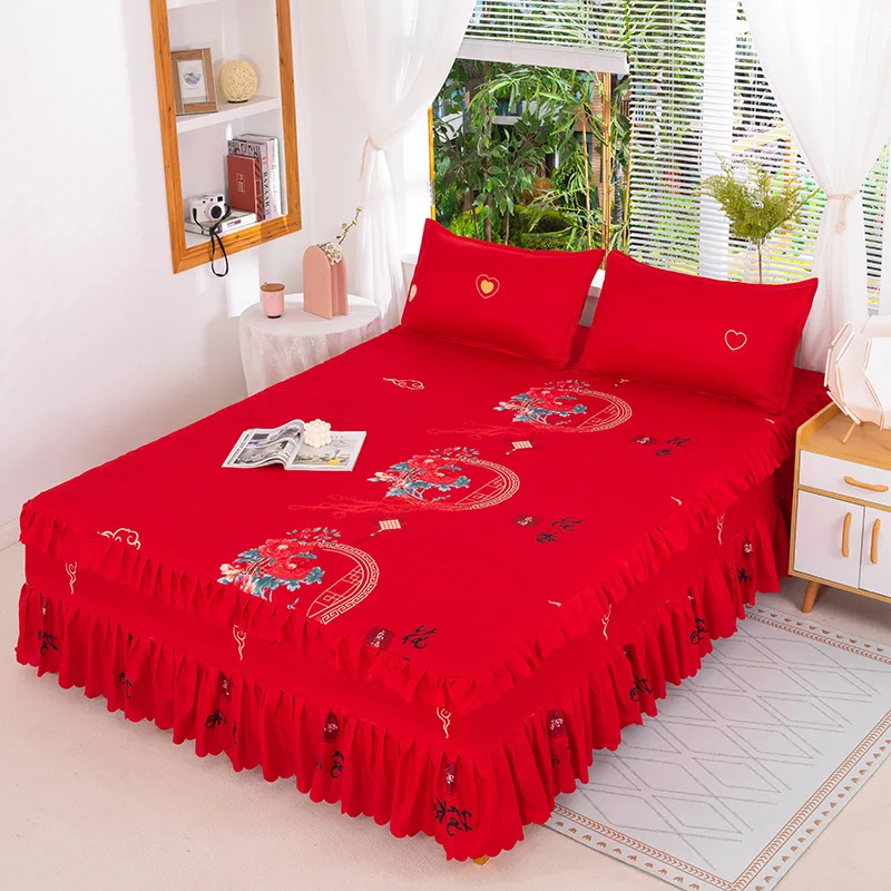 

3set Bed Sheet Lace Skirt Elastic Fitted Double Bedspread With Pillowcases Mattress Cover Bedding Set Elastic King Size Bedsheet