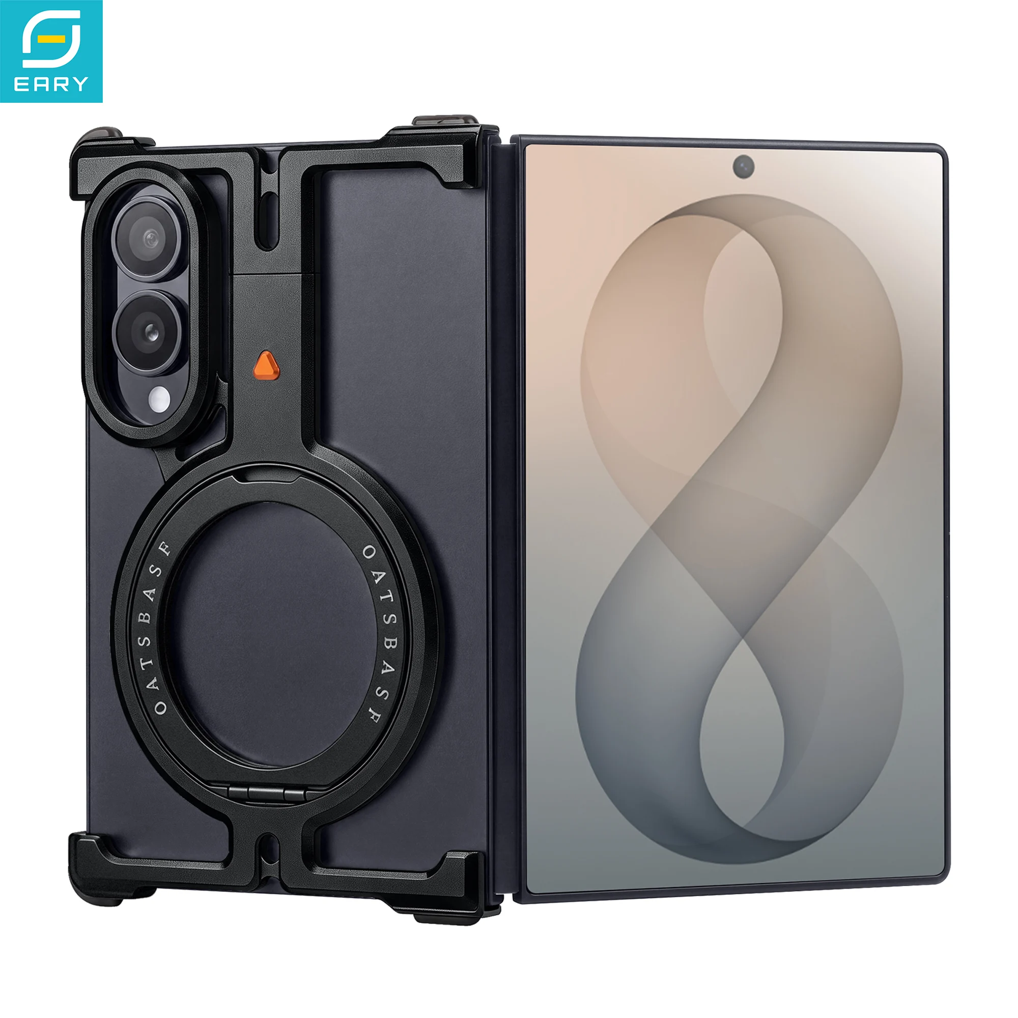 Eary Metal Phone Case for Samsung Galaxy Z Fold 8 with Magnetic Kickstand Ring 360° Rotatable Frameless Bumper Shockproof Cover