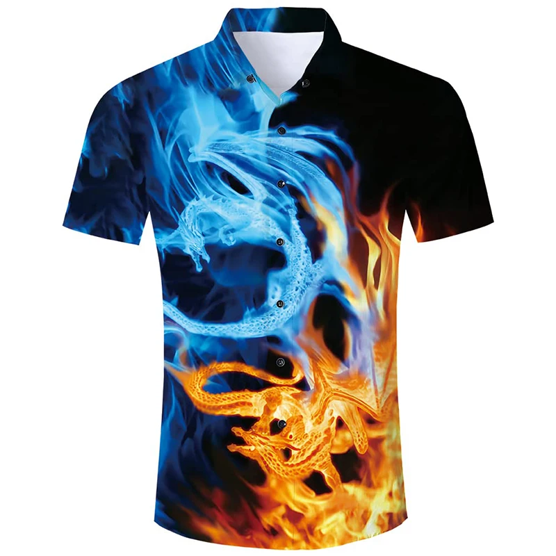 Mens Button Down Beach Shirts 3d Print Novelty Fire Graphic Hawaiian Tee Shirts For Men Short Sleeve Summer Holiday Funny Tops