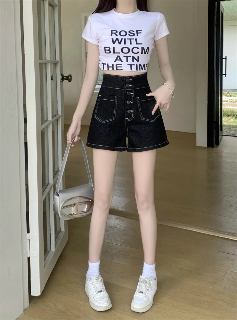 Summer New Open Line Denim Shorts Versatile Slimming Pocket Wide Leg Pants Women's Shorts