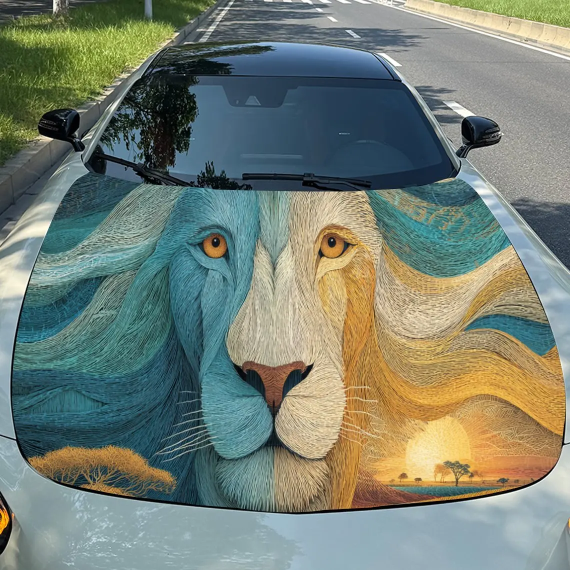 

Artistic Lion Split Style PVC Car Engine Hood Vinyl Wraps, Self-Adhesive Waterproof Car Hood Decal Sticker, Car Decoration Prote