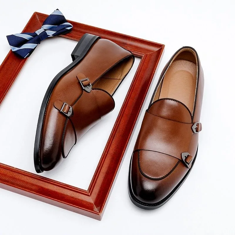 Luxury Men's Wedding Formal Shoes Genuine Leather Brown Black Double Buckle Monk Slip On Business Office Dress Shoes