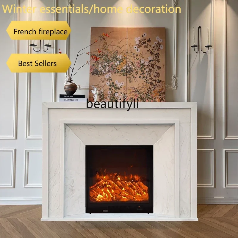 French American Modern Simple White Marble Stone Carving Living Room Stone Fireplace TV Decorative Cabinet