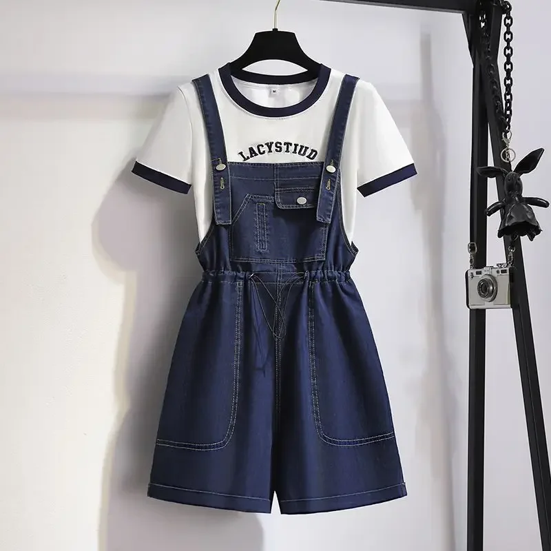 

2025 Summer Women Casual T Shirts Denim Overalls Short Pants 1 or 2 Piece Suits Lady Fashion Letter Tops Jeans Trousers Sets