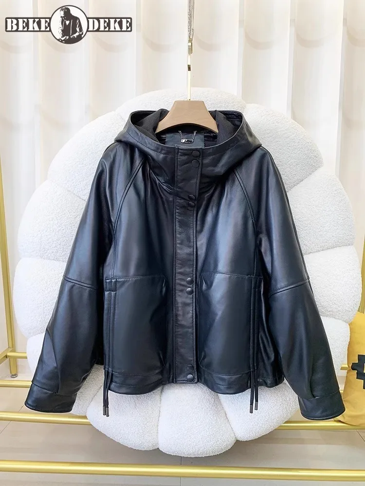 Women New Winter Genuine Leather Down Coat Removable Liner Stand Collar Loose Fit Female Casual Warm Sheepskin Hooded Short Coat