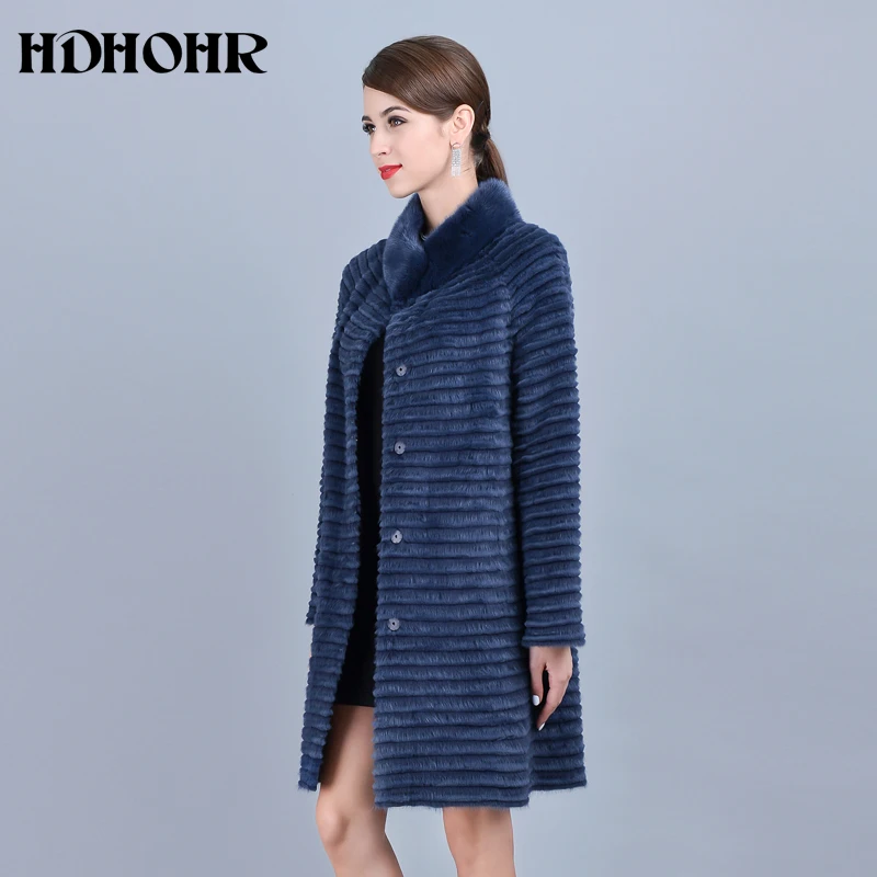 HDHOHR 2024 Hot Real Mink Fur Coats Women Natural Kintted Mink Fur Coats  Long Strip Warm Jackets Lady Full Length Real Fur Coat