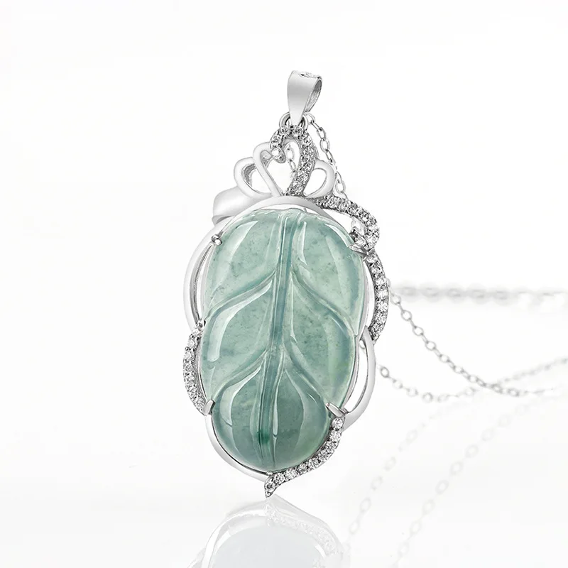 Natural A-grade Jade Blue Water Leaf S925 Silver Inlaid Ice Jadeite Pendant Women's Necklace Fashion Charms Jewelry Drop Ship