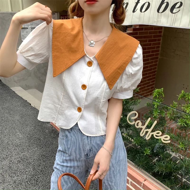 

Summer M-4XL Large Size Sweet Short Shirts Female Cotton Linen Chic Top Puff Sleeve Peter Pan Collar Splice Cardigan Blouse