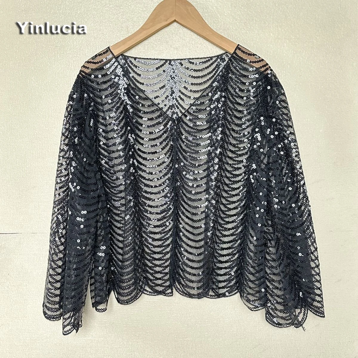Shiny Sequins Cardigan Mesh Top Coat Wave Perspective Jacket Sexy V Neck Blouses Women Party Focus Hot Babes Summer Club New