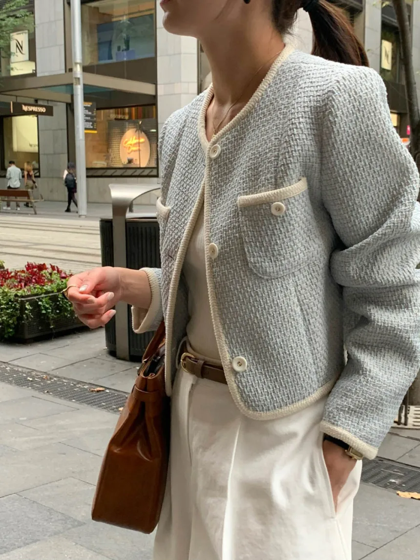 Chic Autumn Fragrant Round Neck Single Breasted Contrasting Color Edging Versatile Coats Long Sleeved Jacket Women's jac