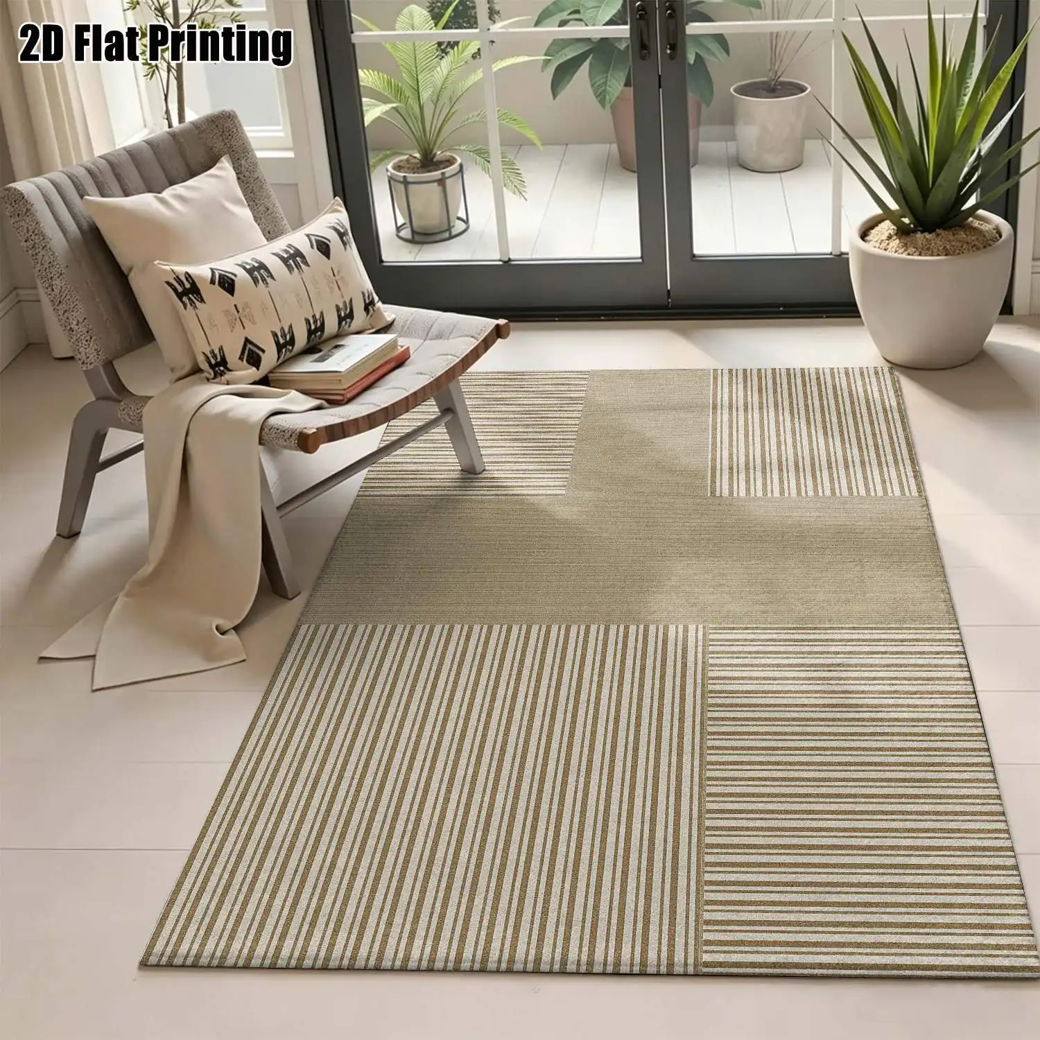 1Pc 2D Printed Beige Geometric Stripe Nordic/Instagram Style Machine-Washable Carpet, Multi-Size for Entryway, Dining Room, Bedroom, Living Room Home Decor