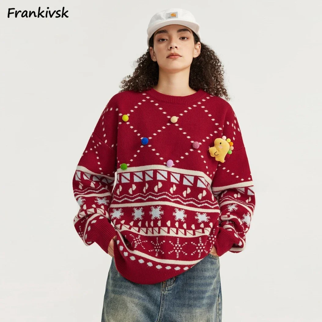 Rot gestrickte Pullover Frauen baggy lässig warme Paare Weihnachts pullover Unisex Winter mode sueter mujer ästhetisch jung weich
