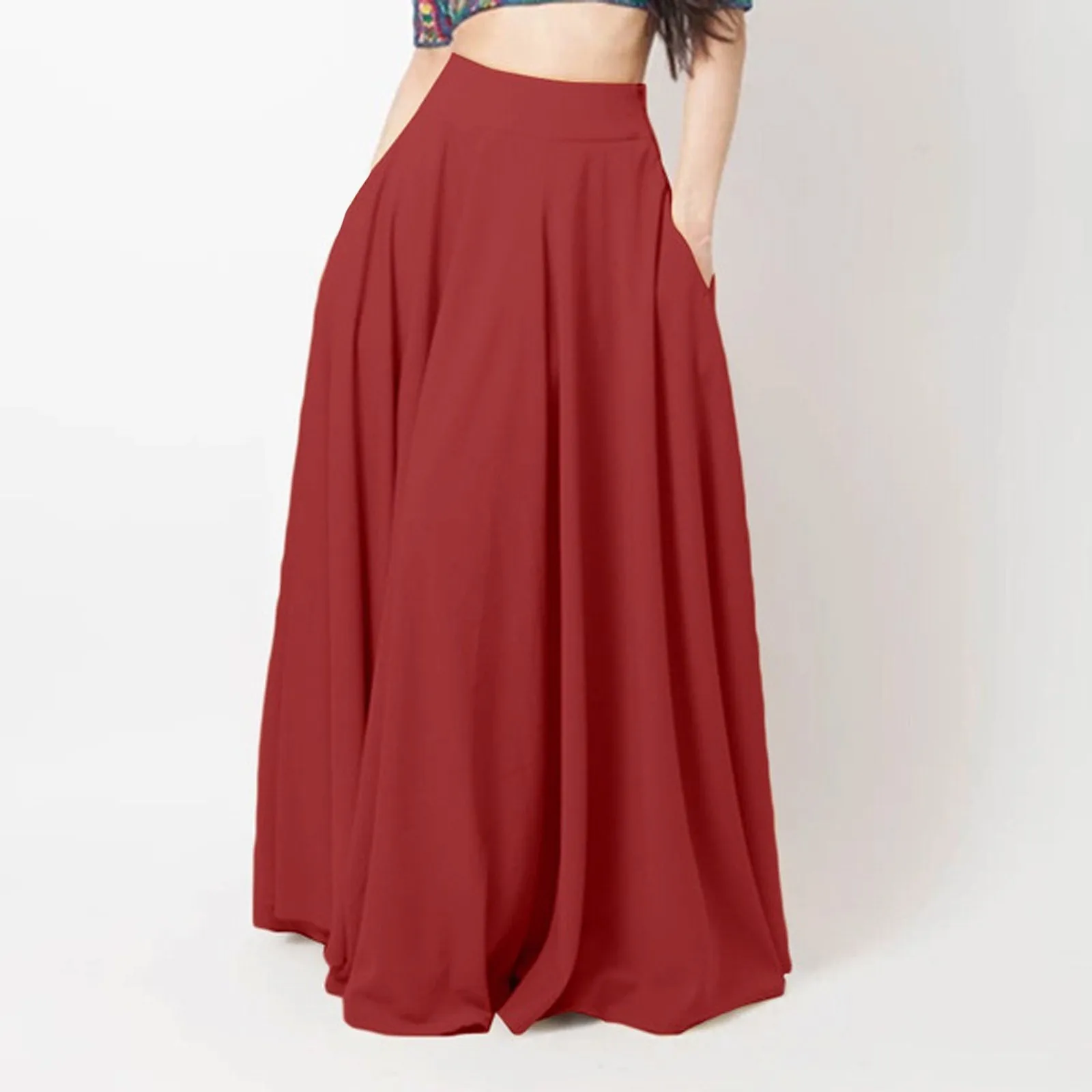 Dames maxi-rok met hoge taille A-lijn rok Elegante dames maxi-rok met hoge taille en zakken A-lijn effen kleur voor vrije tijd