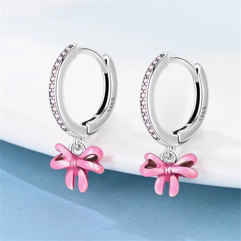 Nuevo pendiente para mujer, pendientes de aro dobles de princesa con corazón rosa y oso de mariposa brillante de plata 925, joyería de fiesta de lujo