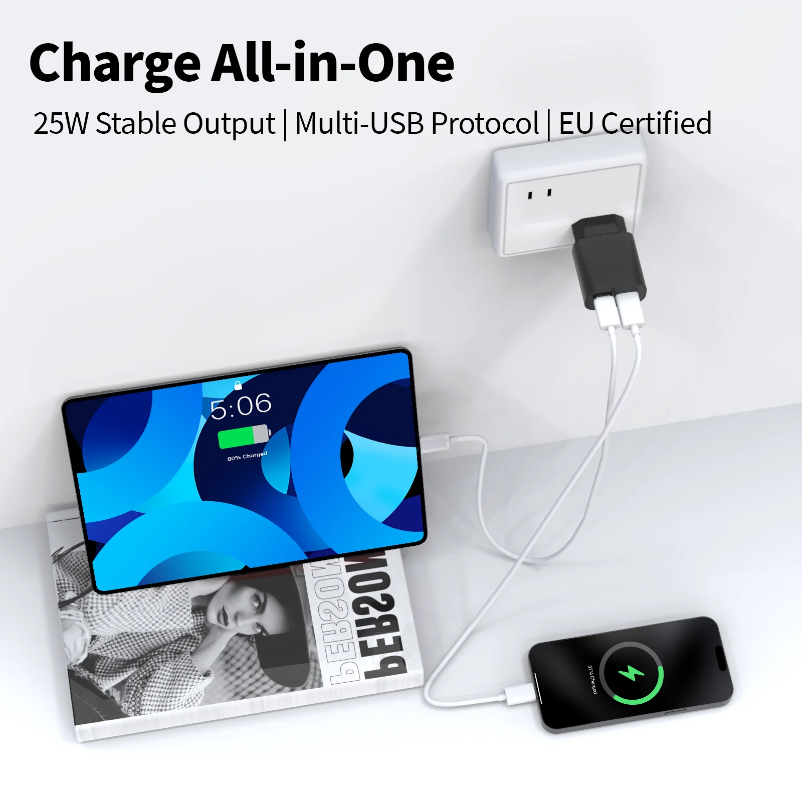 PD25W EU Dual Port USB C & USB A Wall Charger ,QC3.0 Fast Charger Adapter for iPhone Samsung Huawei Xiaomi iPad AirPods - náhled 4