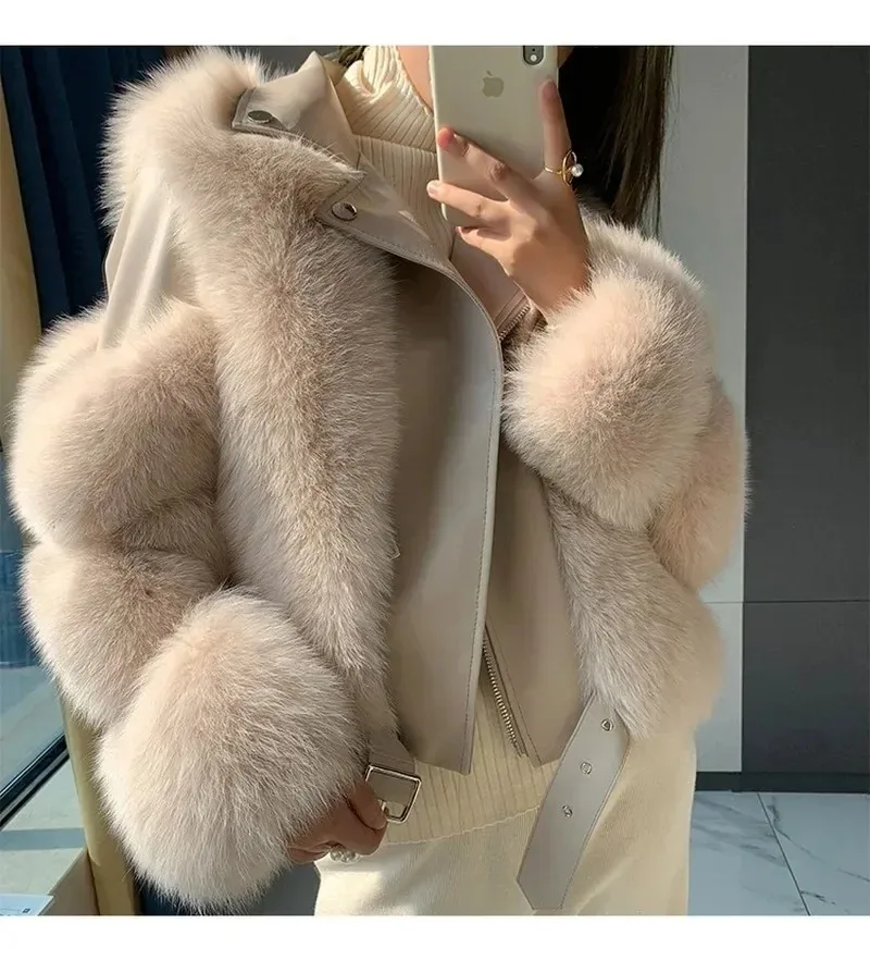 Winter Furry Faux Fur Women Overcoat Cropped Faux Fur and Leather Patchwork Jacket Short High Quality Fake Fox Fur Coat Outwear