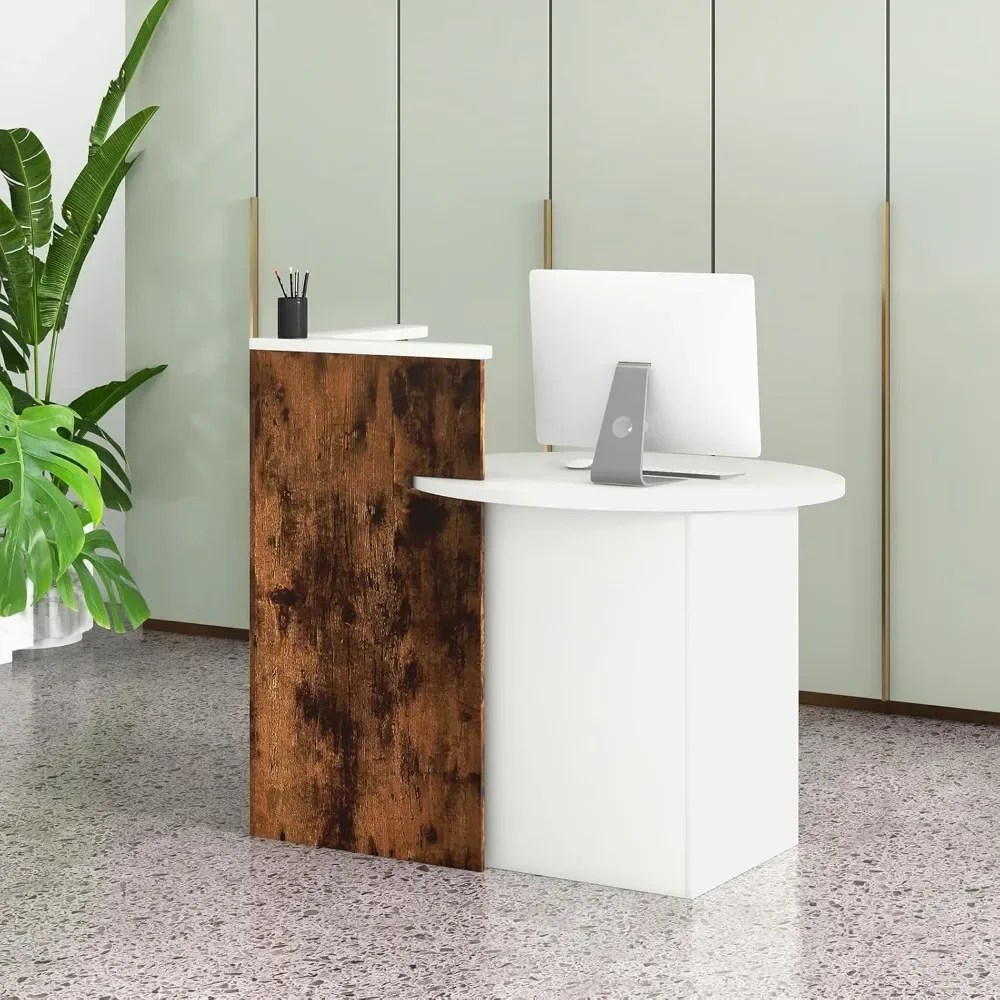 Reception Desk, Front Counter Desk with Lockable Drawer & Adjustable Shelf, Oval Desktop, Retail Counter for Checkout