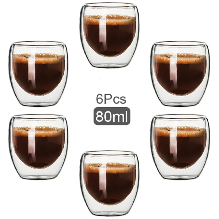 Double Walled Glass Coffee Mugs Glass Mug Double Wall Cappuccino Cocoa Milk Cups, 2.7oz Of Set 6 Coffee tea Mugs, Clear Glasses