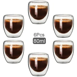 Double Walled Glass Coffee Mugs Glass Mug Double Wall Cappuccino Cocoa Milk Cups, 2.7oz Of Set 6 Coffee tea Mugs, Clear Glasses