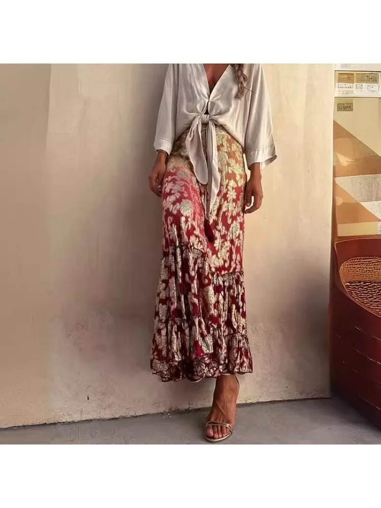 Women Gradient Fashion Half Length Dress INS Casual Loose Vacation Half Length Dress Women\'s Spliced Bohemian Super Long Skirt