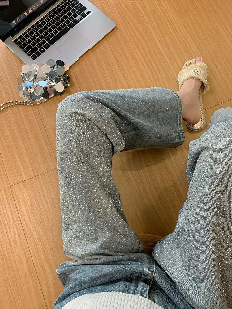 Shiny Rhinestone Straight Jeans for Women Streetwear Fashion Washed High Waist Casual Pants 2026 Loose Versatile Denim Trousers