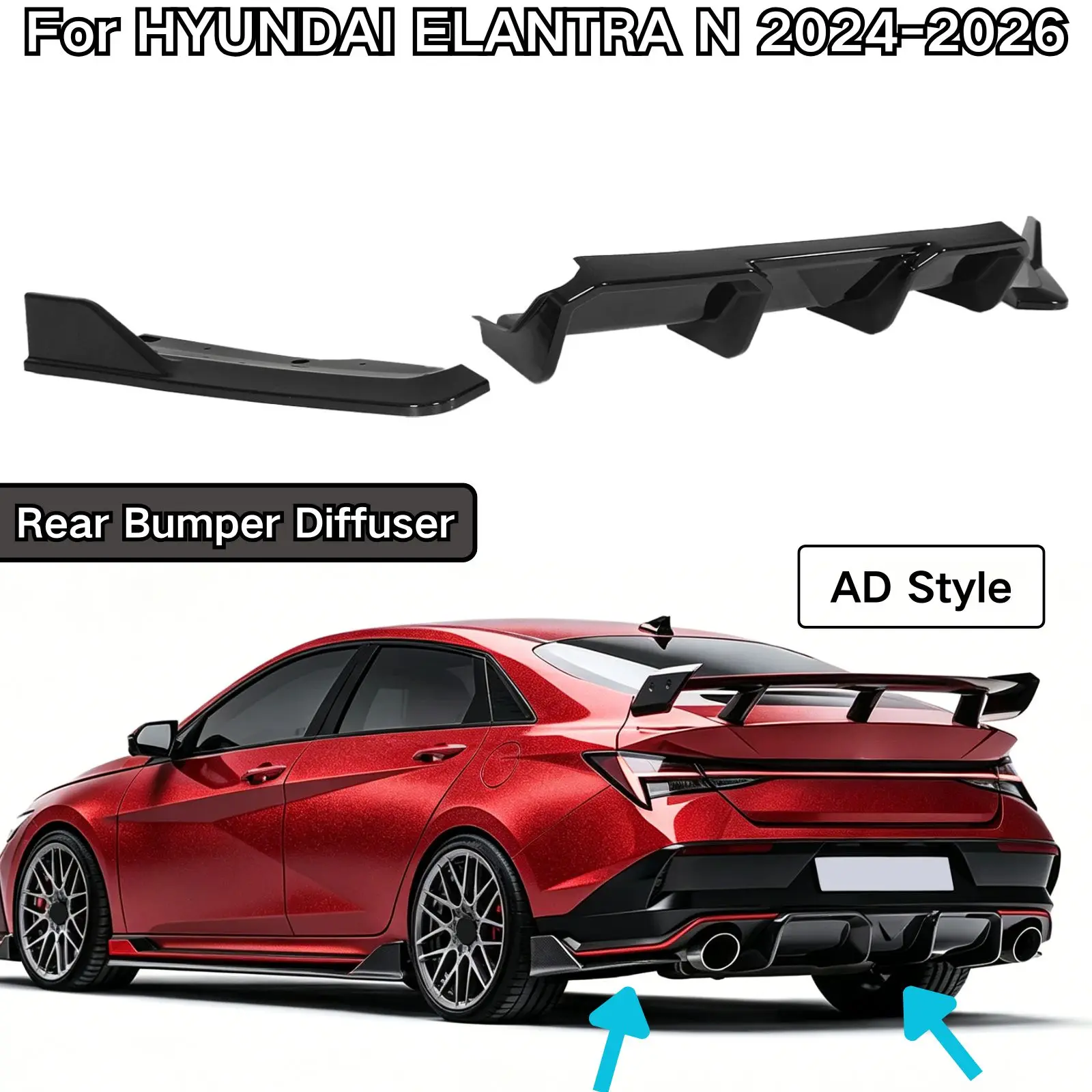 For HYUNDAI ELANTRA N 2024-2026 Rear Bumper Diffuser AD Style Plastic Glossy Black Carbon Fiber Painted Car Accessories