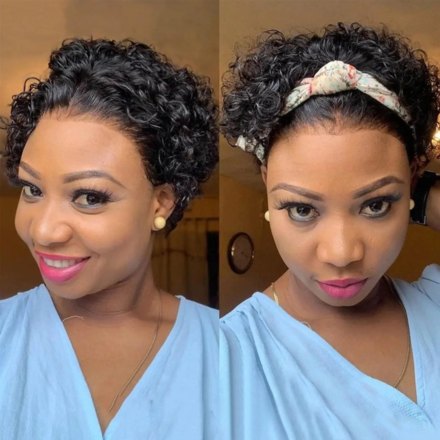 

Meggit Short Pixie Bob Lace Wig Curly 13X1Transparent Lace Human Hair Wigs Remy Curly Lace Frontal Wig Natural Black