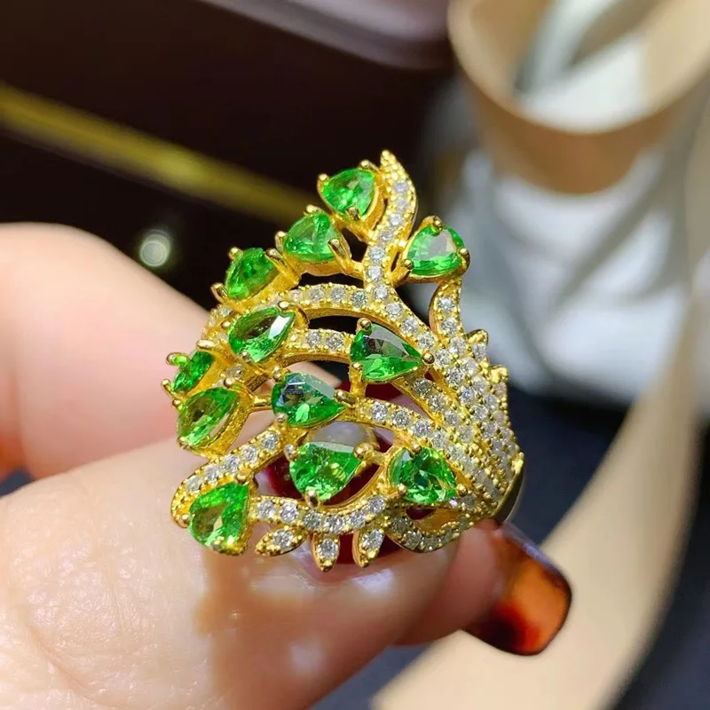 Luxury Sterling Silver Gemstone Ring for Party 12 Pieces 3mm*4mm Total 1.2ct Natural Tsavorite Ring with Gold Plating