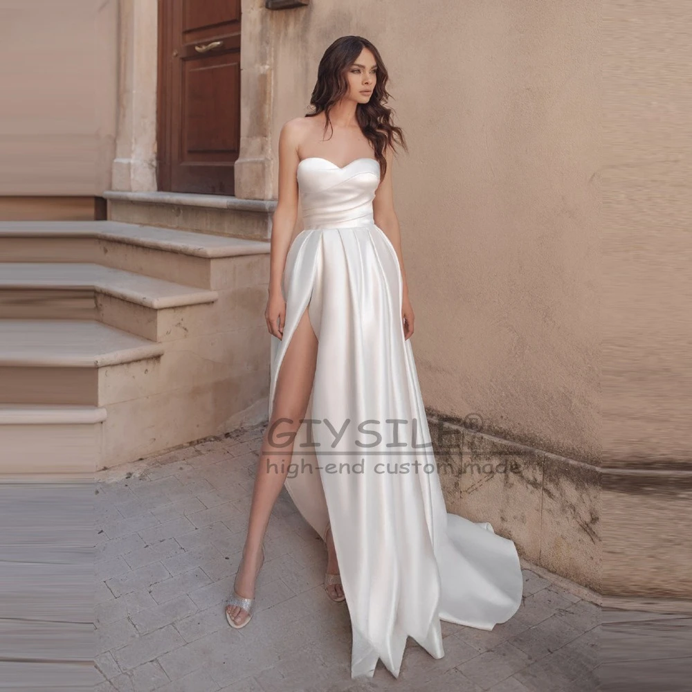 GIYSILE Personalizado 2025 Novos Vestidos de Casamento Luz de Cetim Francês Strapless Simples e Pequena Cauda Sessão de Fotos Vestidos de Noite Formais